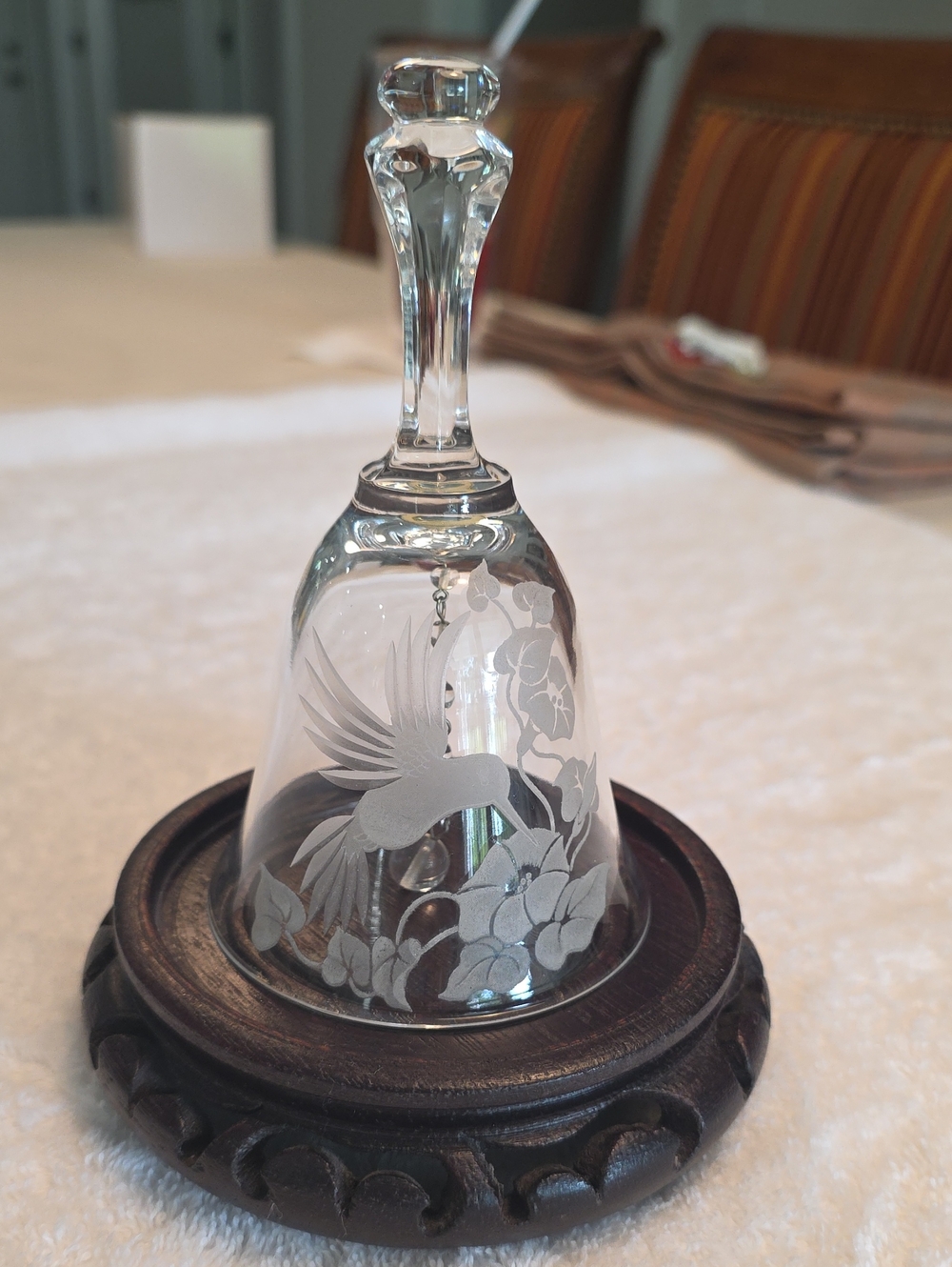 Etched Glass Bell with Hummingbird Motif - Clear